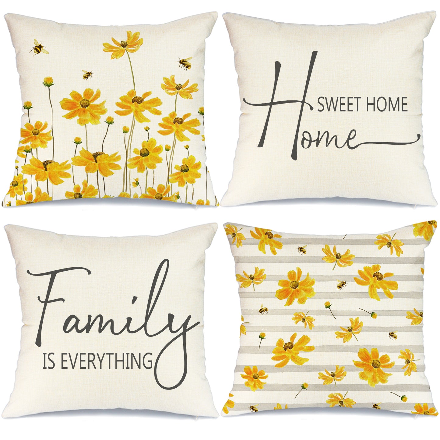 GEEORY Spring Throw Pillow Covers 20x20 Set of 4 Yellow Cosmos Flowers Bee Home Sweet Home Floral Summer Farmhouse Decor G234
