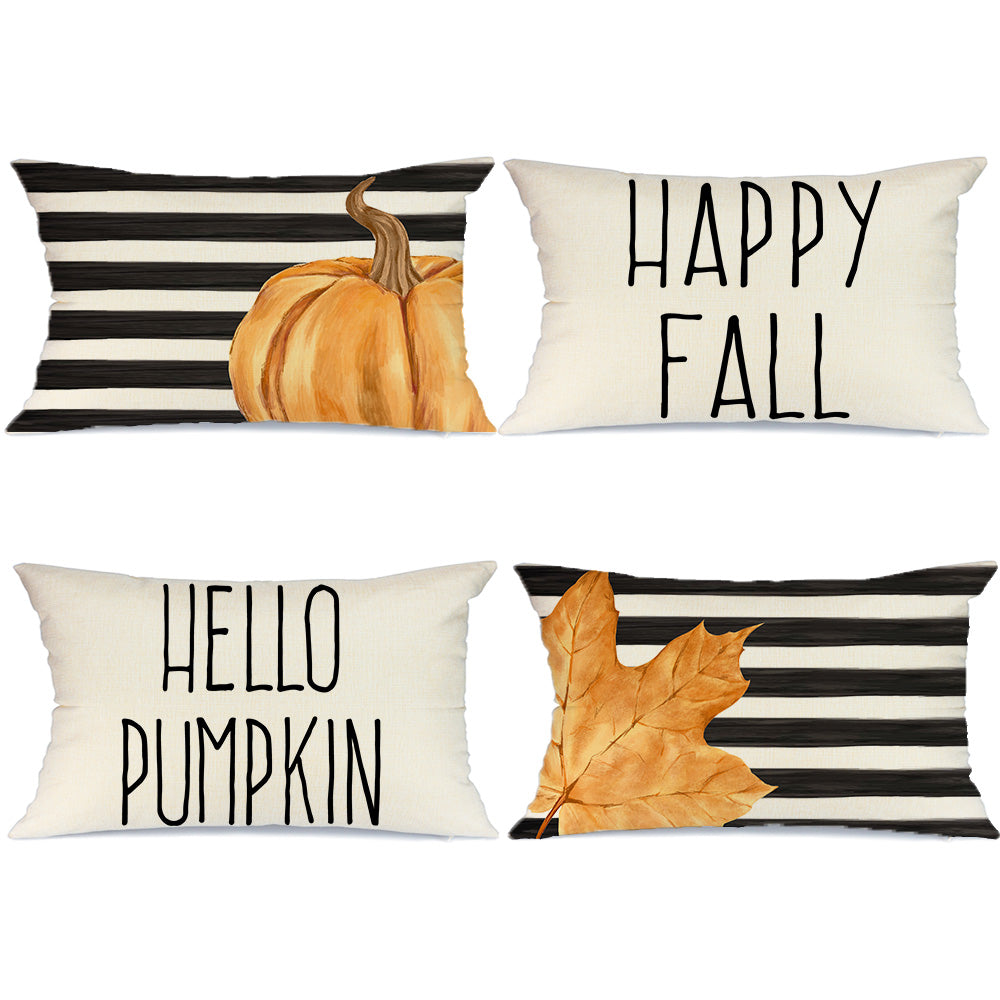 GEEORY Fall Throw Pillow Covers 20x20 inch Set of 4 Stripes Pumpkin Maple Leaf Happy Fall Outdoor Thanksgiving Home Decor GA384