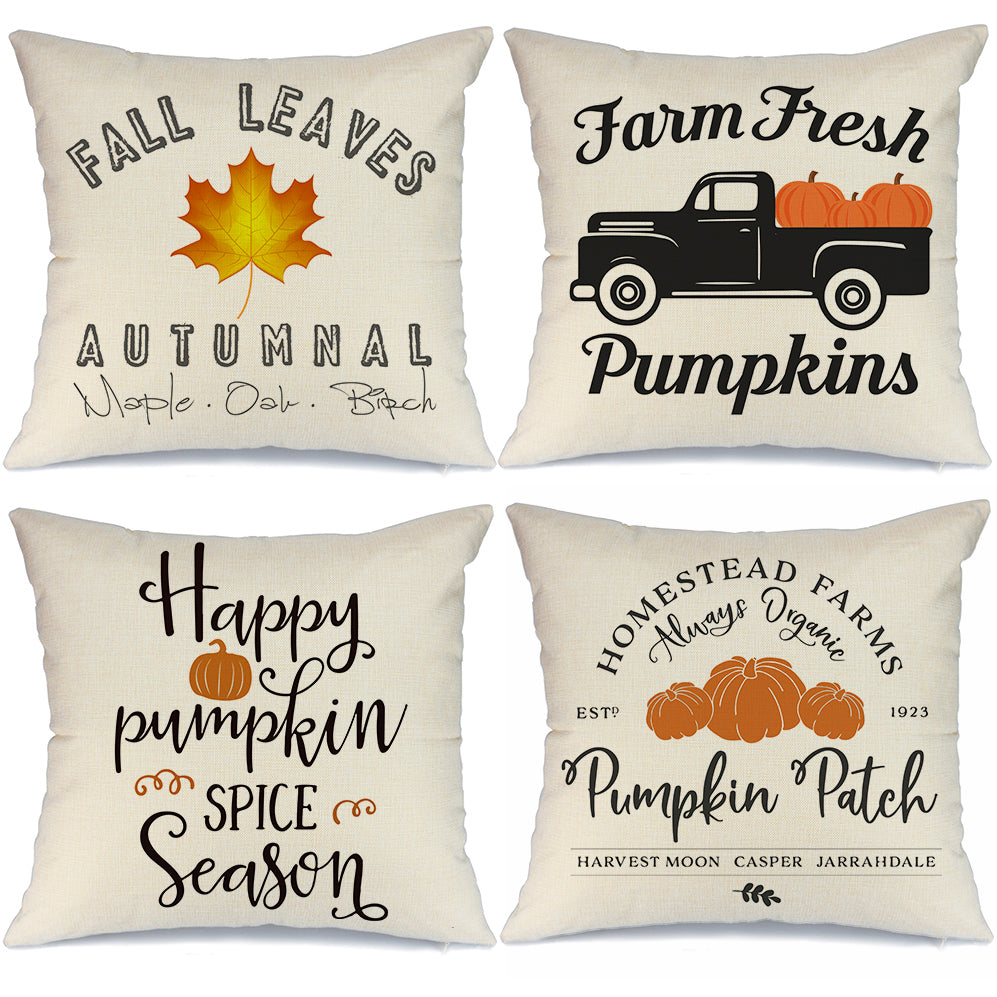 GEEORY Decorative Fall Pillow Covers 18x18 inch Set of 4 Truck Pumpkin Patch Leaves Thanksgiving Decor GA249