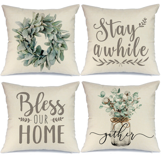 GEEORY Farmhouse Throw Pillow Covers 18x18 Inch Set of 4 Grapevine Wreath Eucalyptus Vase Bless Our Home GA376-18