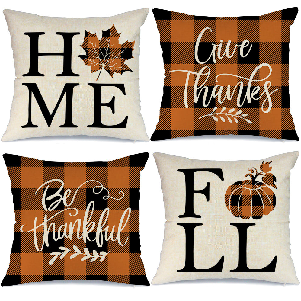 GEEORY Fall Throw Pillow Covers 18x18 Set of 4 Buffalo Check Plaid Pumpkin Leaf Outdoor Farmhouse Thanksgiving Home Decor GA385-18