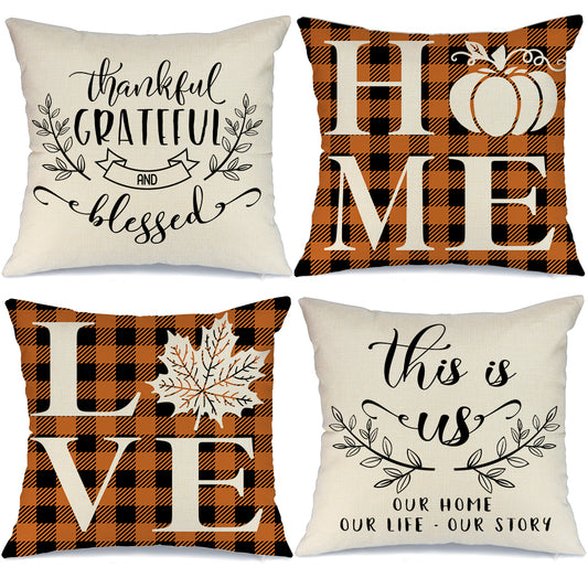 GEEORY Fall Decorative Throw Pillow Covers 18x18 Set of 4 Buffalo Plaid Pumpkin Maple Leaves Thanksgiving Autumn Cushion Case GA386