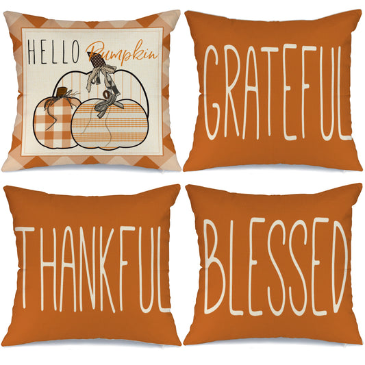 GEEORY Fall Throw Pillow Covers 18x18 inch Set of 4 Hello Pumpkin Grateful Blessed Outdoor Thanksgiving Autumn Home Decor GA387-18