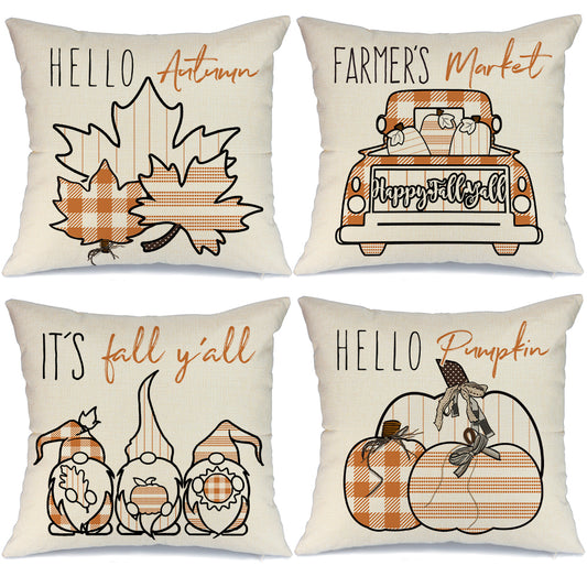 GEEORY Decorative Fall Throw Pillow Covers 18x18 Set of 4 Buffalo Plaid Pumpkin Maple Leaves Gnomes Truck Thanksgiving Autumn Decor GA394