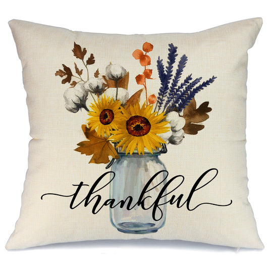 GEEORY Decorative Fall Throw Pillow Cover 18x18 Inch Sunflowers Mason Jar Thankful Thanksgiving Decor GA396-18