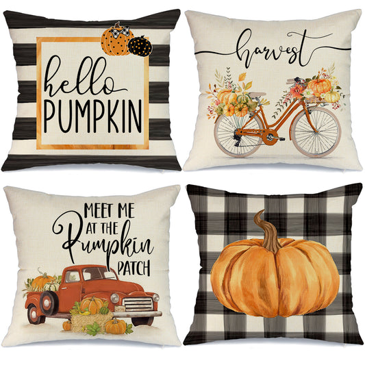 GEEORY Fall Throw Pillow Covers 20x20 Set of 4 Buffalo Check Plaid Stripes Pumpkin Truck Bicycle Farmhouse Thanksgiving Cushion Case GA402