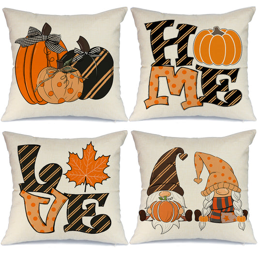 GEEORY Fall Throw Pillow Covers 18x18 Inch Set of 4 Striped Pumpkins Gnomes Maple Leaves Thanksgiving Autumn Decor GA405