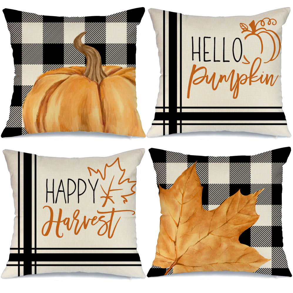 GEEORY Fall Throw Pillow Covers 18x18 Set of 4 Buffalo Plaid Pumpkin Maple Leaves Farmhouse Thanksgiving Decor GA406