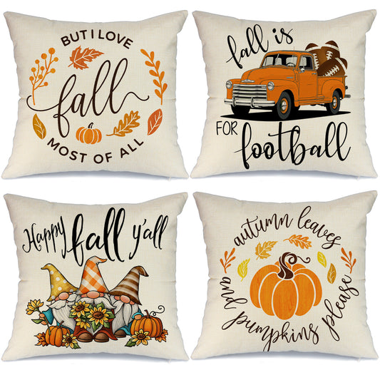 GEEORY Decorative Fall Throw Pillow Covers 18x18 Inch Set of 4 Gnomes Pumpkin Patch Truck Maple Leaves Thanksgiving Autumn Decor GA410