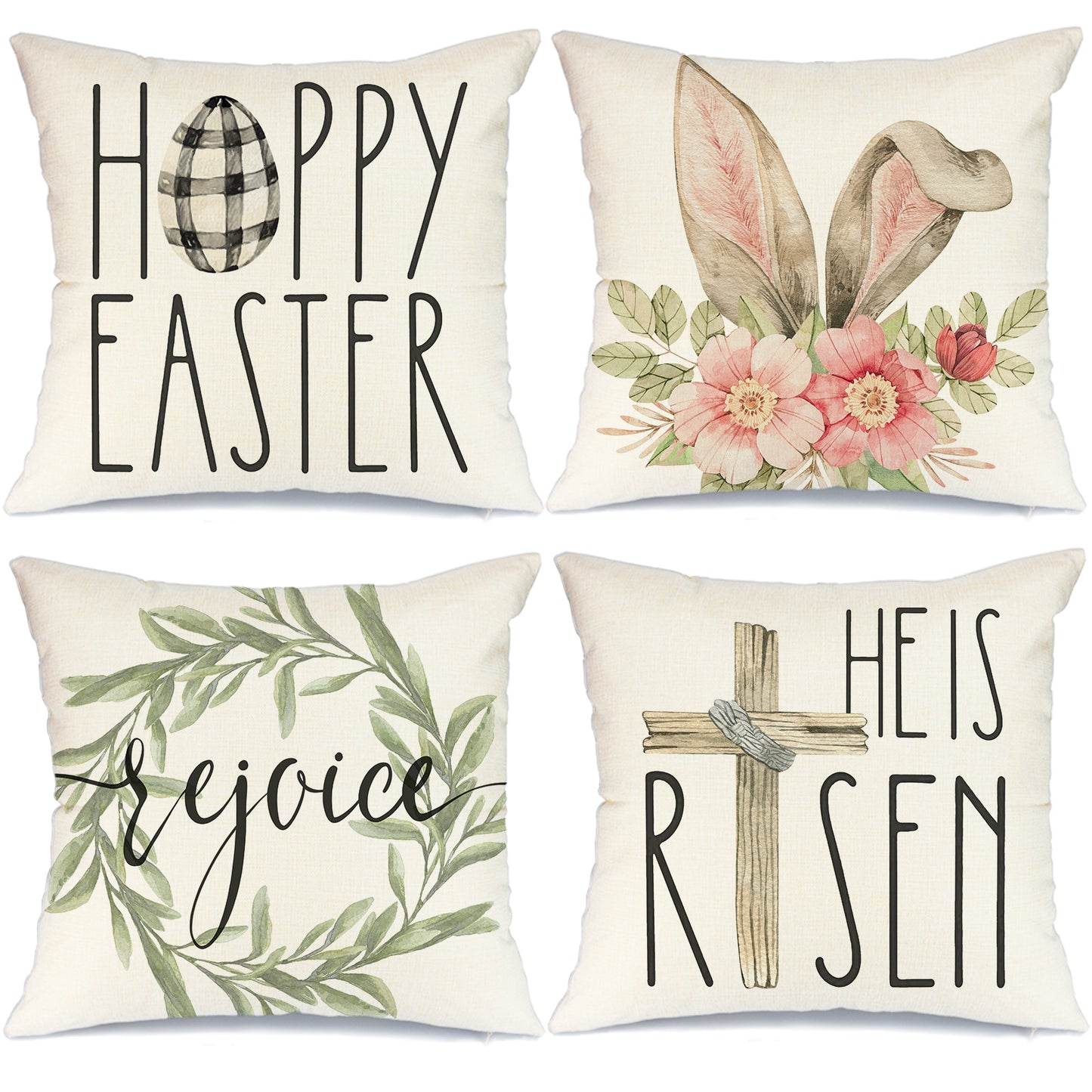 GEEORY Decorative Easter Throw Pillow Covers 18x18 Set of 4 He is Risen Floral Bunny Buffalo Plaid Eggs Spring Decor GA476