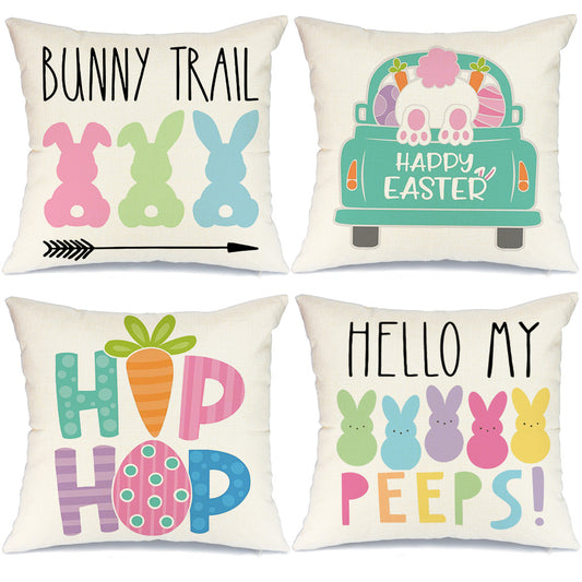 GEEORY Decorative Easter Throw Pillow Covers 18x18 Set of 4 Bunny Truck Hello Peeps Hip Hop Spring Decor GA477