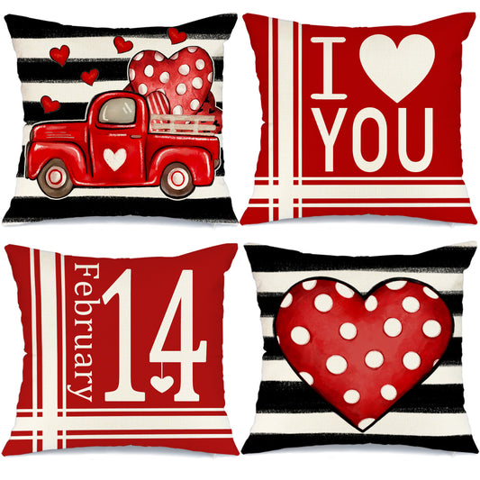 GEEORY Valentines Day Throw Pillow Covers 18x18 Set of 4 Polka dot Love Heart Stripe Red Truck Home Decor GA488-18