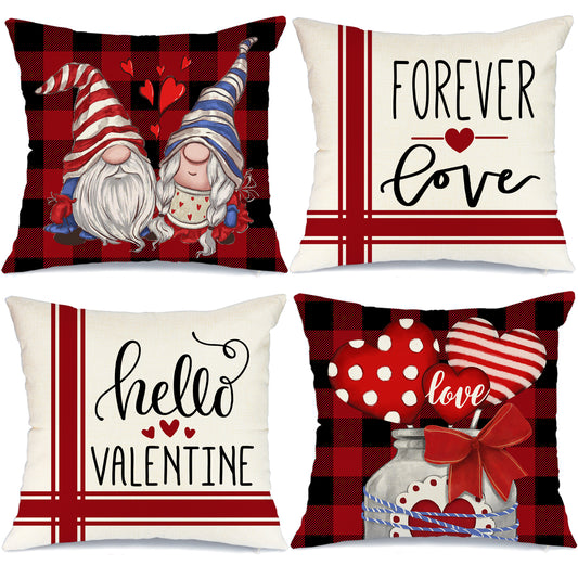 GEEORY Buffalo Plaid Decorative Valentines Day Throw Pillow Covers 18x18 Set of 4 Polka dot Heart Gnomes GA490