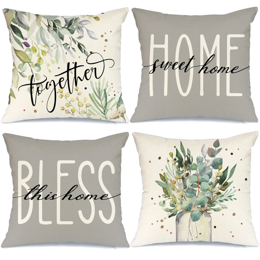 GEEORY Spring Thrpw Pillow Covers 18x18 Set of 4 Eucalyptus Leaves Jar Home Sweet Home Grey White Bless Our Home Farmhouse Decor GA526-18