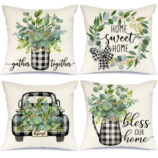 GEEORY Spring Throw Pillow Covers 18x18 Set of 4 Buffalo Plaid Truck Eucalyptus Leaves Sweet Home Decorative Spring Decor GA527-18