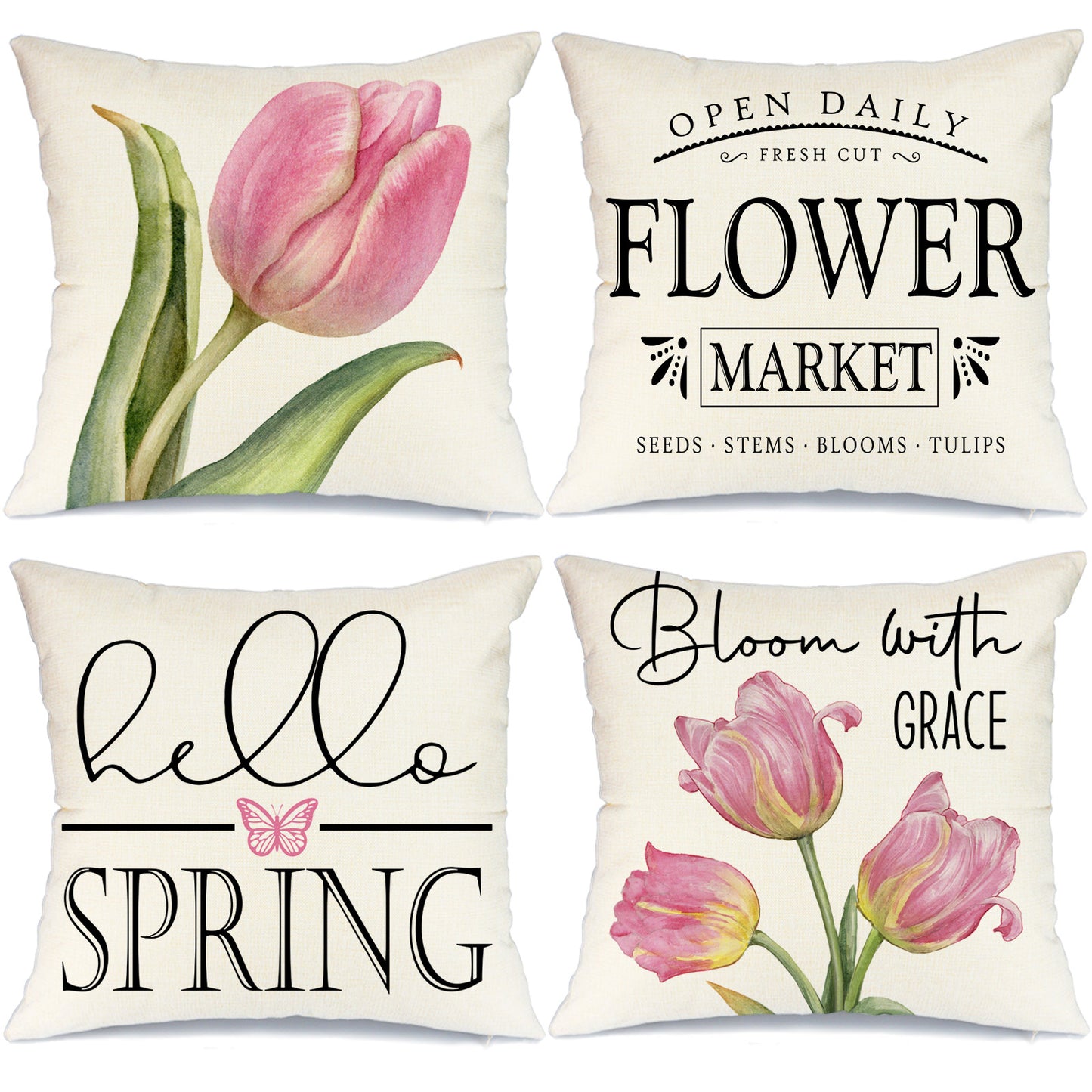 GEEORY Decorative Spring Throw Pillow Covers 18x18 Set of 4 Farmhouse Tulip Bloom Floral Hello Spring Home Decor A533-18