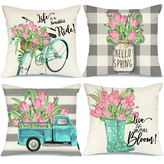 GEEORY Spring Throw Pillow Covers 18x18 Set of 4 Farmhouse Stripes Buffalo Plaid Truck Bule Bicycle Tulips Floral  A544-18