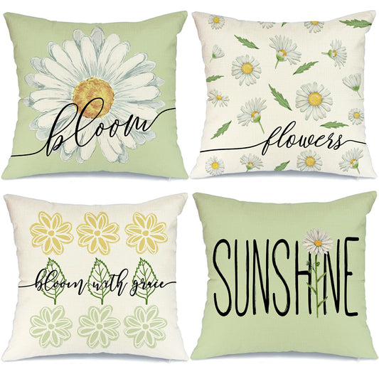 GEEORY Spring Summer Pillow Covers 20x20 Set of 4 Farmhouse Daisy Bloom Floral Light Green Home Decor A546-20