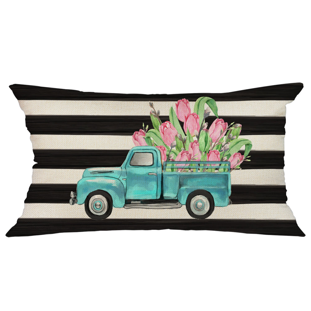 GEEORY Spring Lumbar Throw Pillow Cover 12x20 Inch Stripes Tulips Truck  Farmhouse Floral Home Decor A558-12