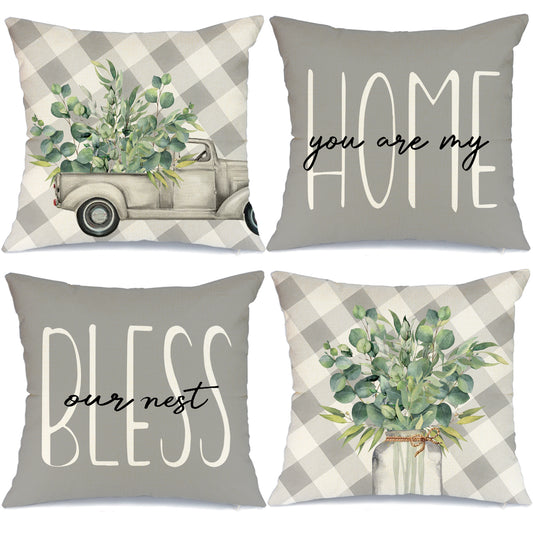 GEEORY  Spring Throw Pillow Covers 18x18 Set of 4 Eucalyptus Leaves Truck Grey Decorative Buffalo Plaid Farmhouse Decor A594-18