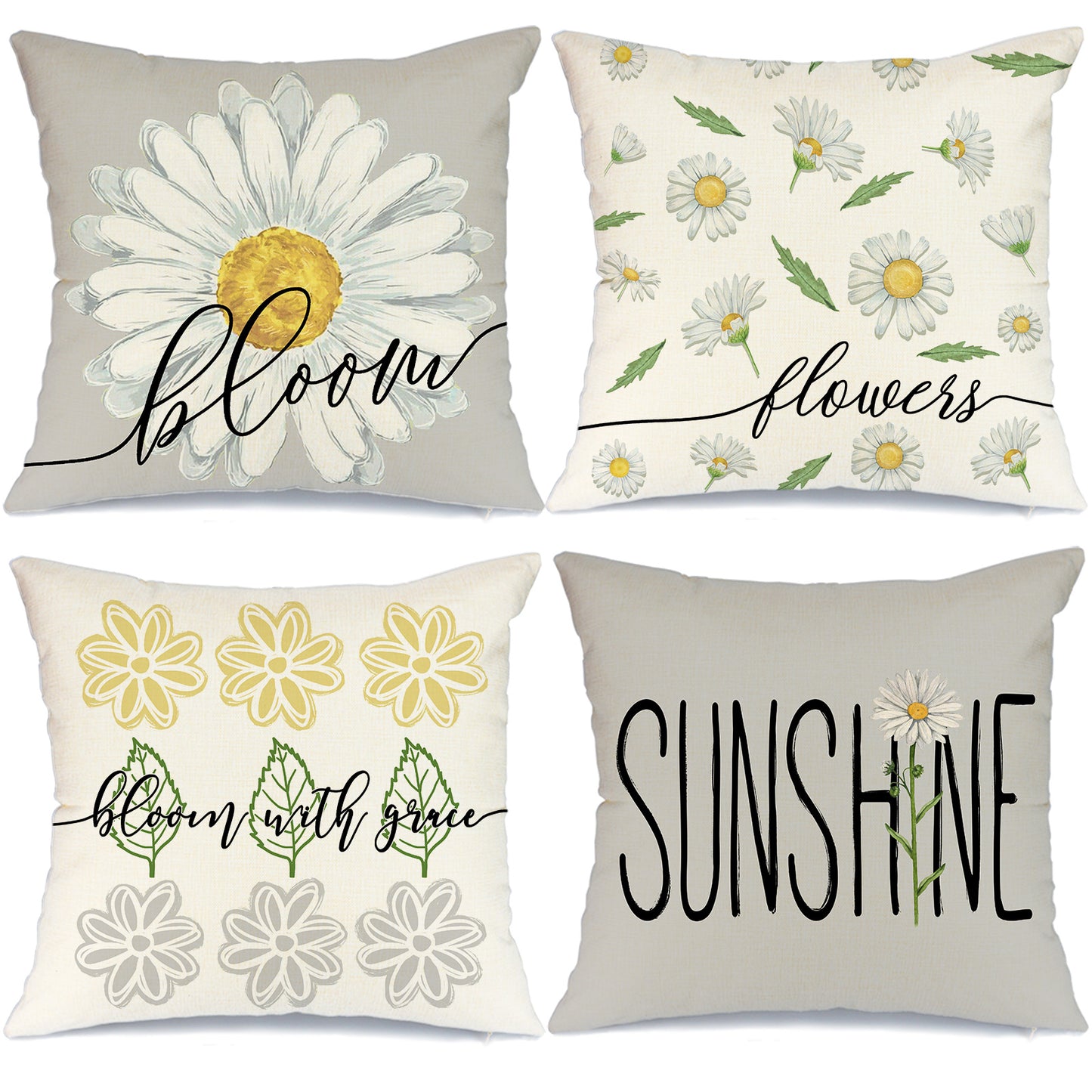 GEEORY Spring Summer Decor Decorative Throw Pillow Covers 20x20 Inch Set of 4 Farmhouse Daisy Bloom Floral Grey Sunflowers for Home A755