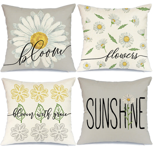 GEEORY Spring Summer Decor Decorative Throw Pillow Covers 20x20 Inch Set of 4 Farmhouse Daisy Bloom Floral Grey Sunflowers for Home A755