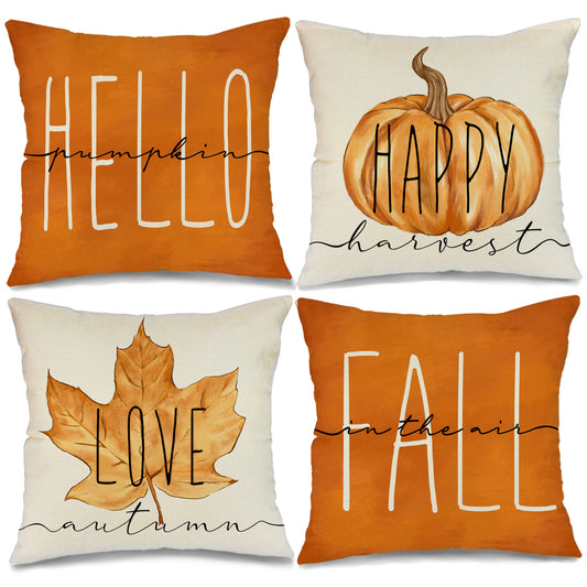 GEEORY Fall Decorative Pillow Covers 16x16 Set of 4 Pumpkin Maple Leaves Happy Harvest Outdoor Thanksgiving Autumn for Couch G001