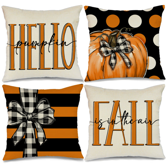 GEEORY Decorative Fall Throw Pillow Covers 16x16 Set of 4 Buffalo Plaid Bow Stripes Pumpkin Outdoor Thanksgiving Autumn Decor G003