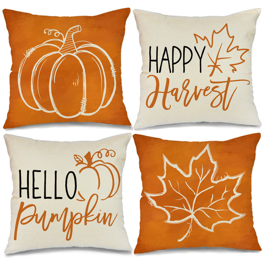 GEEORY Fall Throw Pillow Covers 18x18 Set of 4 Pumpkin Maple Leaves Happy Harvest Outdoor Thanksgiving Autumn Decor G004-18