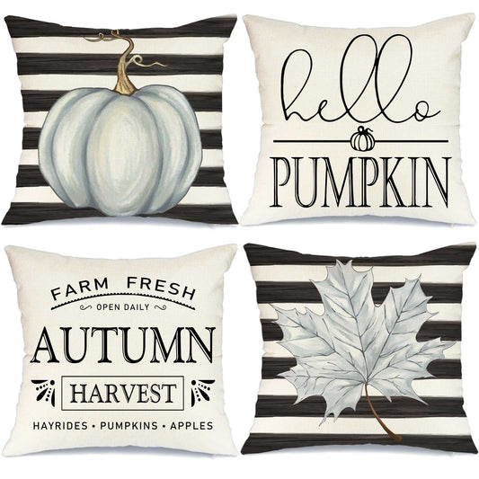 GEEORY Fall Throw Pillow Covers 18x18 Set of 4 Stripes White Pumpkin Maple Leaves Harvest Thanksgiving Autumn Home Decor G006-18