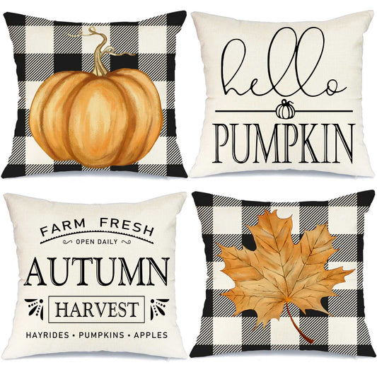 GEEORY Fall Throw Pillow Covers 18x18 Set of 4 Buffalo Plaid Orange Pumpkin Maple Leaves Harvest Farmhouse Thanksgiving Decor G007-18