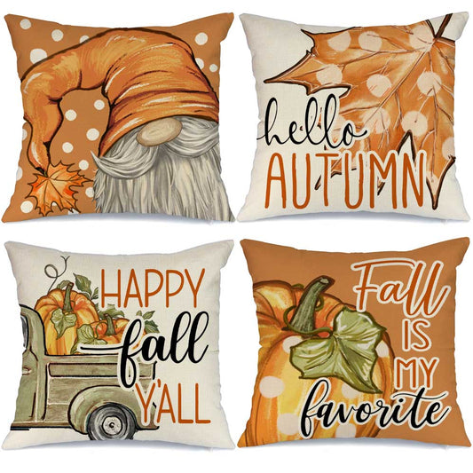 GEEORY Fall Throw Pillow Covers 18x18 Set of 4 Polka Dots Pumpkin Maple Leaves Gnome Truck Outdoor Thanksgiving Autumn G008-18