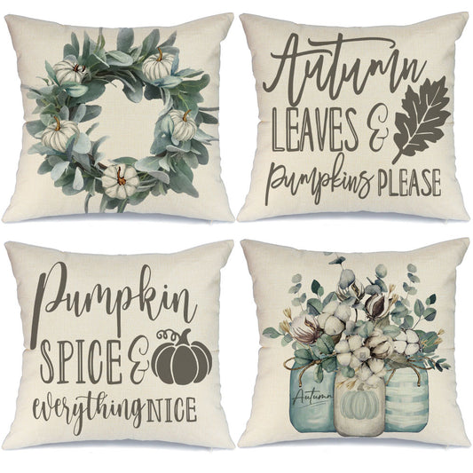 GEEORY Fall Pillow Covers 18x18 Set of 4 Eucalyptus Leaves White Pumpkin Wreath Pumpkin Spice Farmhouse Thanksgiving Decor G009-18