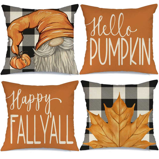 GEEORY Fall Throw Pillow Covers 18x18 Set of 4 Buffalo Plaid Maple Leaves Gnome Outdoor Farmhouse Thanksgiving Autumn G010-18