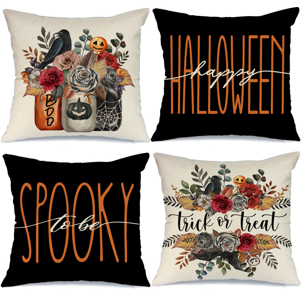 GEEORY Halloween Throw Pillow Covers 18x18 inch Set of 4 Crow Jars Pumpkins Truck Fall Party Home Decor G0102-18