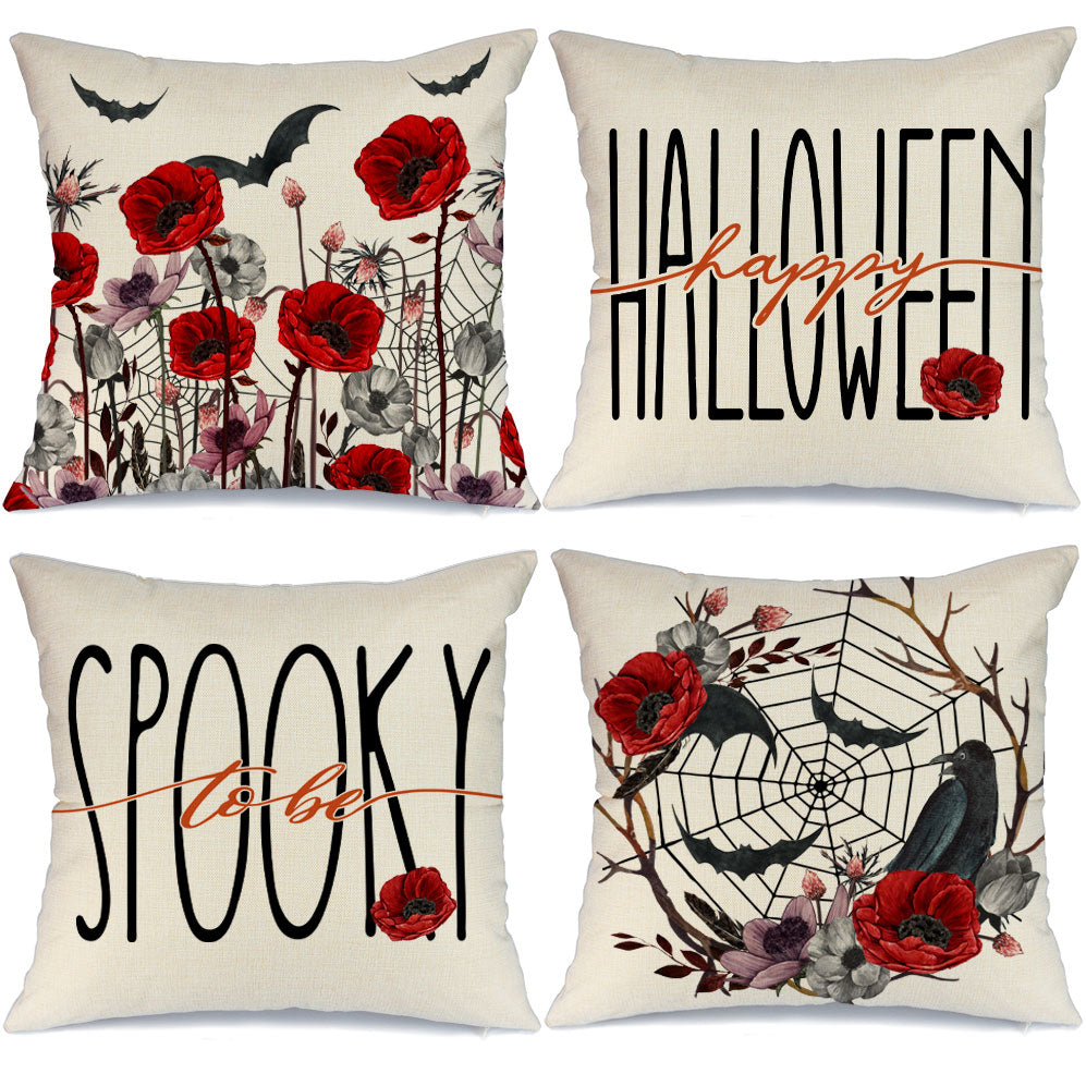 GEEORY Halloween Throw Pillow Covers 18x18 inch Set of 4 Crow Bats Floral Fall Halloween Party Home Decor G0103-18