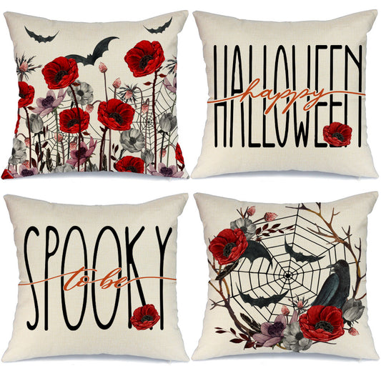 GEEORY Halloween Throw Pillow Covers 18x18 inch Set of 4 Crow Bats Floral Fall Halloween Party Home Decor G0103-18