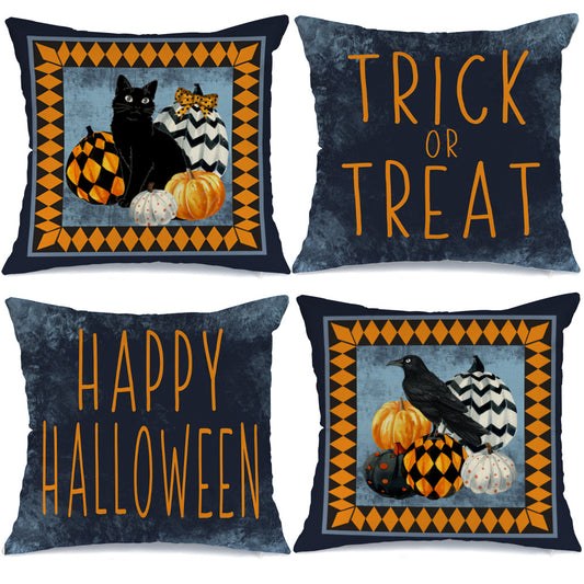 GEEORY Halloween Throw Pillow Covers 18x18 inch Set of 4 Black Cat Crow Pumpkins Trick or Treat Halloween Party Home Decor G0110-18