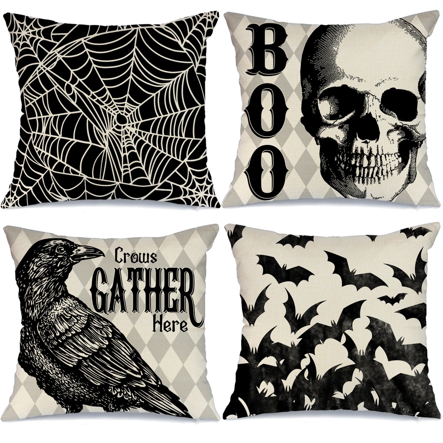 GEEORY Halloween Throw Pillow Covers 18x18 inch Set of 4 Crow Bats Skeleton Spider Web Halloween Party Home Decor G0113-18