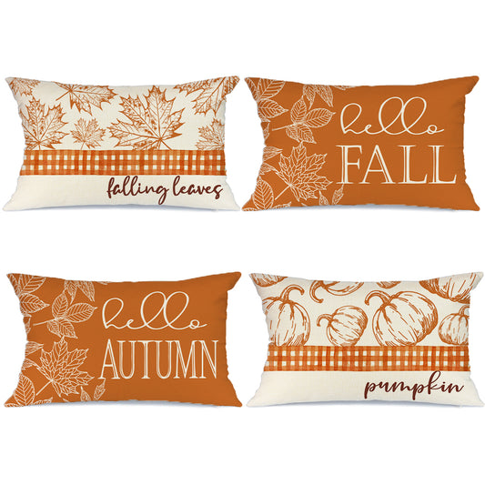 GEEORY Decorative Fall Throw Pillow Covers 12x20 Set of 4 Buffalo Plaid Pumpkin Maple Leaves Outdoor Thanksgiving Autumn Decor G014