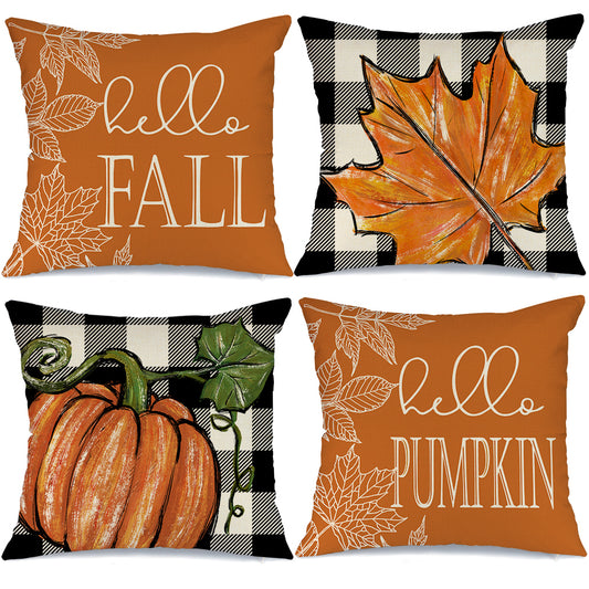 GEEORY Decorative Fall Throw Pillow Covers 16x16 Set of 4 Buffalo Plaid Pumpkin Maple Leaves Outdoor Thanksgiving Autumn Decor G016