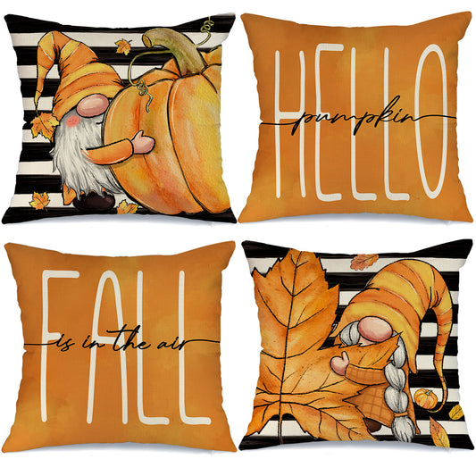 GEEORY Fall Throw Pillow Covers 18x18 Set of 4 Stripes Pumpkin Maple Leaves Gnones Decorative Thanksgiving Autumn Decor G017