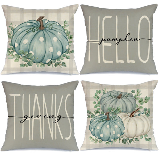 GEEORY Decorative Fall Throw Pillow Covers 16x16 Set of 4 Buffalo Plaid Eucalyptus Leaves Polka Dots Pumpkins Thanksgiving Autumn G118