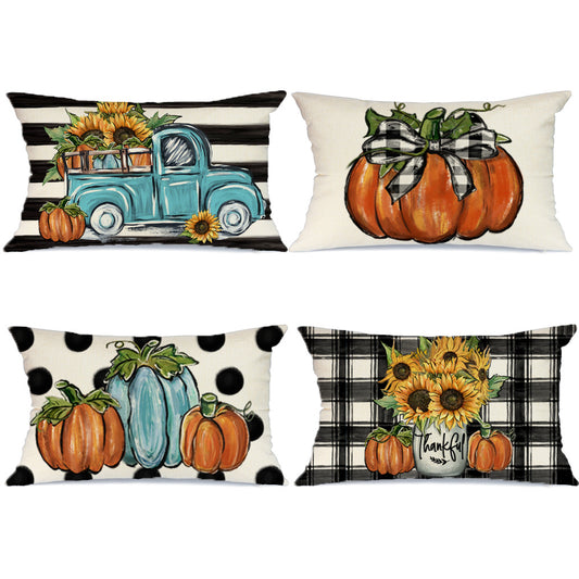 GEEORY Fall Throw Pillow Covers 12x20 Set of 4 Buffalo Plaid Pumpkins Sunflowers Jars Polka Dots Pumpkins Truck Thanksgiving Autumn Decor G119