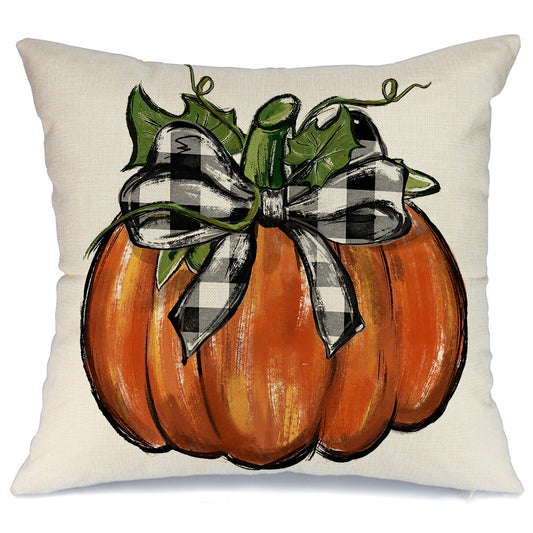 GEEORY Decorative Fall Throw Pillow Cover 18x18 Pumpkin with Buffalo Plaid Bows Autumn Thanksgiving Decor for Couch G121