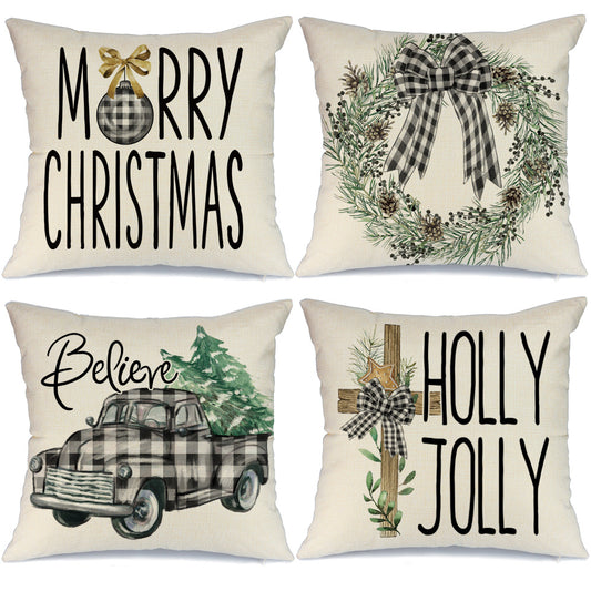 GEEORY Christmas Throw Pillow Covers 18x18 Set of 4 Buffalo Plaid Truck Cross Wreath Merry Christmas Winter Holiday Decor G124-18