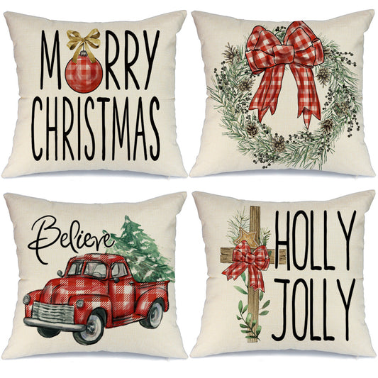 GEEORY Christmas Pillow Covers 18x18 Set of 4 Red Buffalo Plaid Christmas Tree Truck Cross Wreath Merry Winter Holiday Decor G125