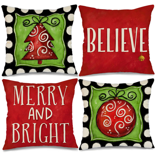 GEEORY Christmas Throw Pillow Covers 16x16 Set of 4 Merry and Bright Believe Christmas Tree Winter Holiday Decor for Couch G126