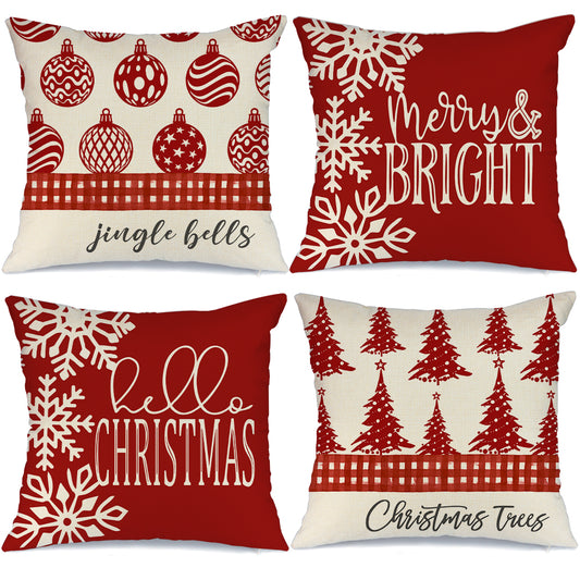 GEEORY Christmas Throw Pillow Covers 18x18 Set of 4  Merry and Bright Snow Christmas Tree Winter Holiday Farmhouse Decor Red G130-18