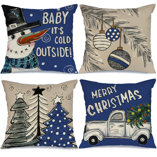 GEEORY Christmas Throw Pillow Covers 18x18 Set of 4 Christmas Tree Truck Snowman Xmas Pillows Winter Holiday Decor Blue G131